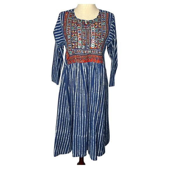 Madame Hall Dresses & Skirts - Madam Hall Women's Dress Sz M L Blue Midi Embroidered Artisan Indian Block Print